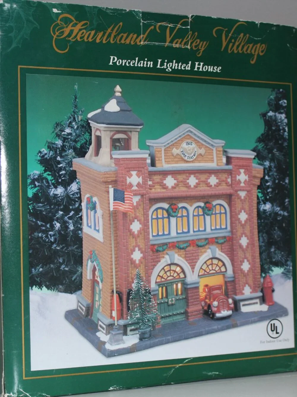 Vintage Heartland Valley Village Christmas Fire Station Lighted Porcelain House